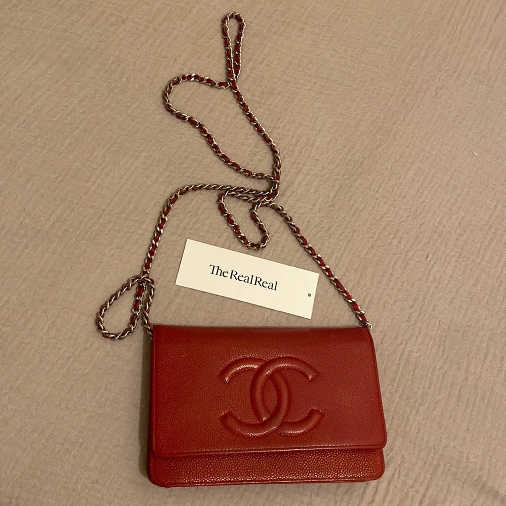 CHANEL Red Crossbody Bag with Silver Chain Strap. Wallet on chain.